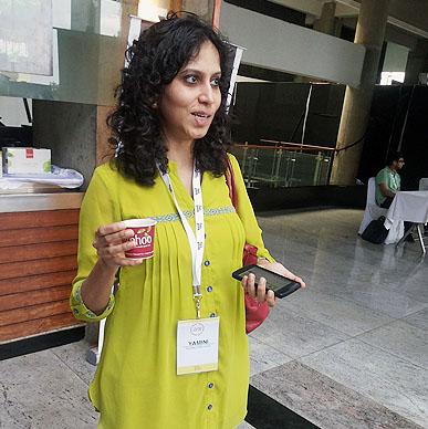 Typhoo rejuvenates the bright minds at JSFoo 2014, Yamini Natti, Co-Founder of Vymo Solutions relaxed face says it all at  Bangalore, India.